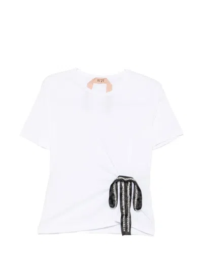 N°21 Bow-detail Crystal-embellished T-shirt In White