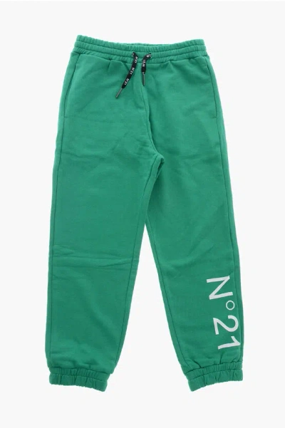 N°21 Kids' Brushed Cotton Sweatpants With Cuffs And Printed Logo In Green