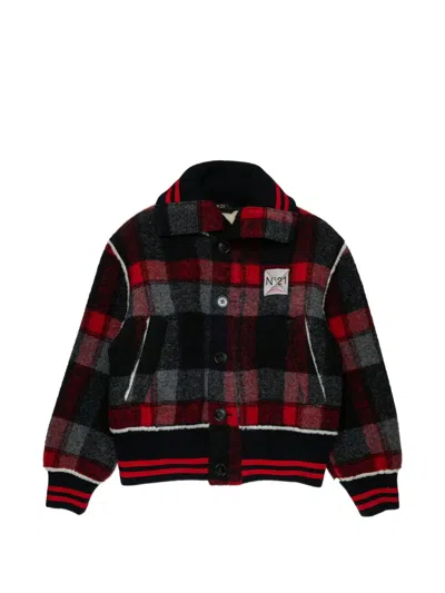 N°21 Kids' Check-pattern Fleece-trimmed Bomber Jacket In Black