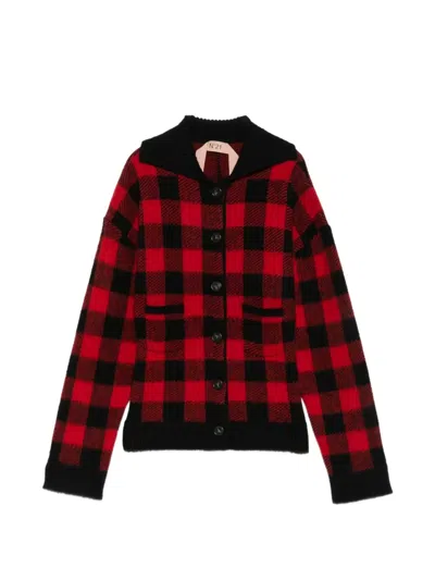 N°21 Check-pattern Virgin-wool Cardigan In Burgundy