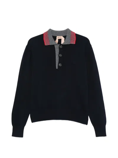 N°21 Contrast-collar Polo Top In Blue