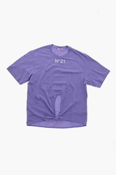 N°21 Kids' Cotton T-shirt With Front Knot Detail In Purple