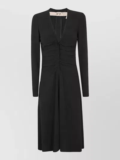 N°21 Crepe V-neck Draped Long-sleeve Midi Dress In Black