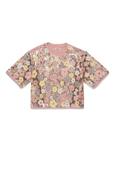 N°21 Kids' Crew-neck T-shirt With Floral Sequins In Multi