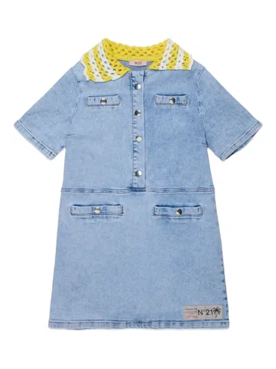 N°21 Kids' Crochet-collar Buttoned Casual Dress In Blue