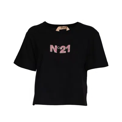 N°21 Cropped Shimmer Embellished Casual T-shirt In Black