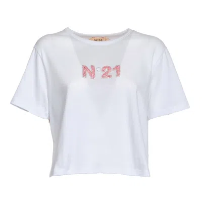 N°21 Cropped Shimmer Embellished Casual T-shirt In White
