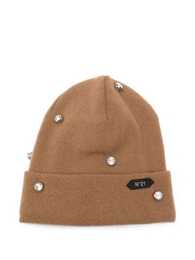 N°21 Crystal-embellished Beanie Hat In Brown