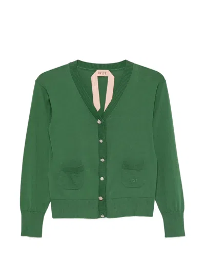 N°21 Crystal-embellished Knitted Cardigan In Green