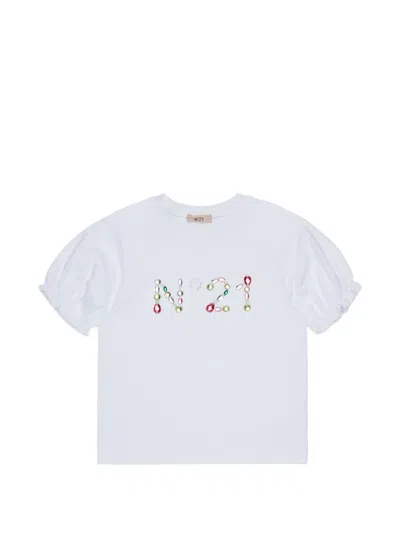 N°21 Kids' Crystal-embellished Puff-sleeve T-shirt In White