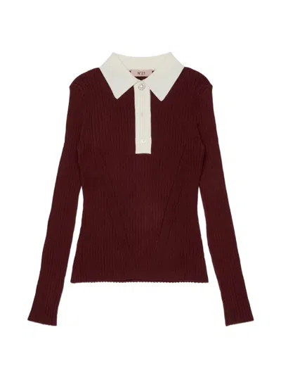 N°21 Kids' 크리스털 장식 골지 니트 스웨터 In Burgundy