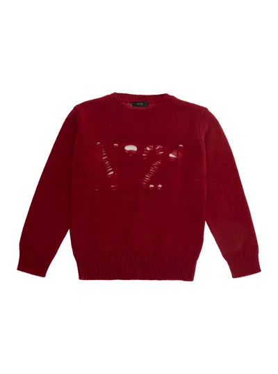 N°21 Nº21 Distressed Wool-blend Crewneck Sweater In Burgundy