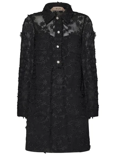 N°21 Floral Lace Chemisier Dress With Jewel Buttons In Black