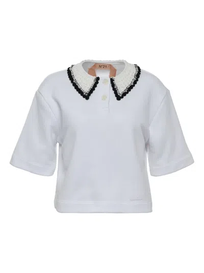N°21 Embellished-collar Polo Top In White