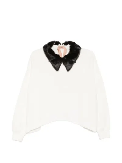 N°21 Faux-fur Collar Sweater In White
