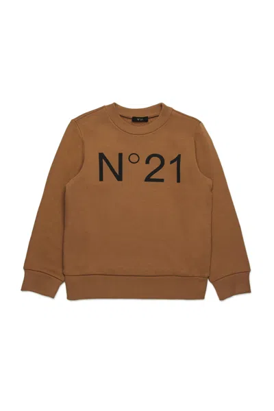 N°21 Kids' Felpa Girocollo In Cotone Con Logo In Brown