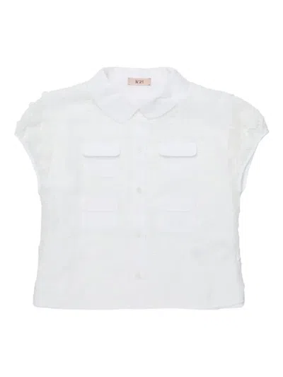 N°21 Kids' Floral Appliqué Four-pockets Shirt In White