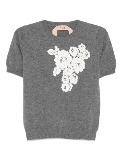 N°21 Floral-lace Sweater In Gray