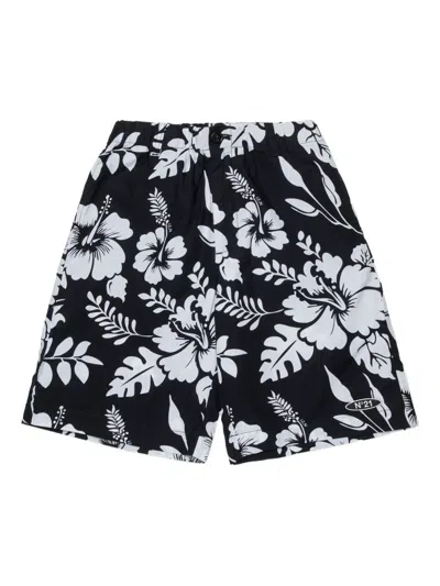 N°21 Kids' Floral-print Shorts In Black