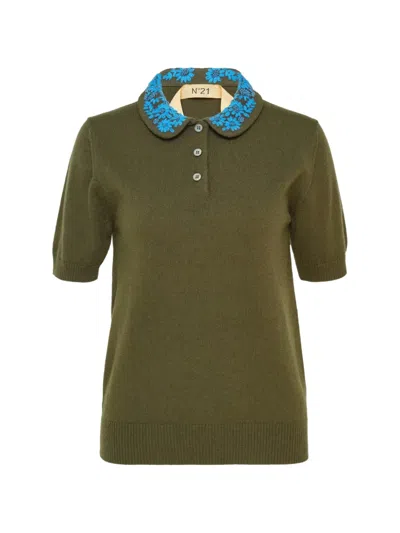 N°21 Floral-embroidered Collar Polo Shirt In Green