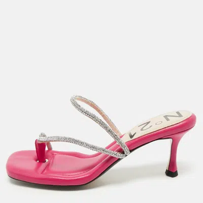 Pre-owned N°21 Nº21 Fuchsia Leather Crystal Embellished Thong Sandals Size 38