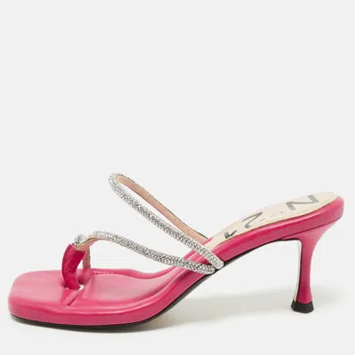 Pre-owned N°21 Nº21 Fuchsia Leather Crystal Embellished Thong Sandals Size 39
