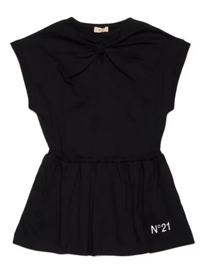 N°21 Kids' Gathered Cotton Dress In Black