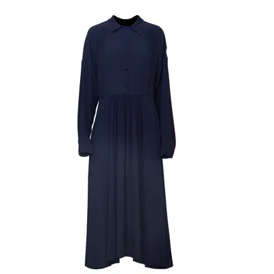N°21 Gathered Waist Midi Dress With Classic Collar In Blue