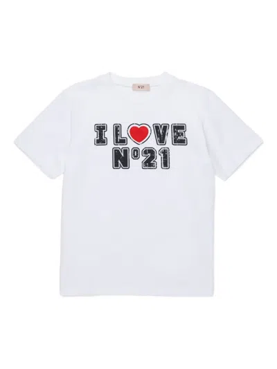 N°21 Kids' Heart-motif Cotton T-shirt In White
