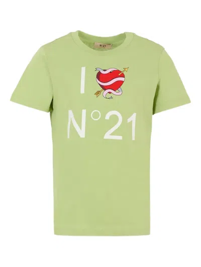 N°21 Kids' Heart-print Short-sleeve T-shirt In Green