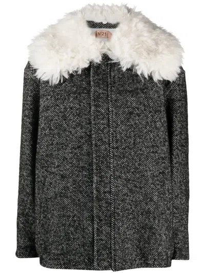 N°21 Herringbone Wool-blend Jacket In Black