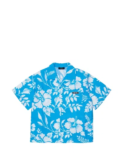 N°21 Kids' Hibiscus-print Short-sleeve Shirt In Blue