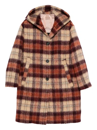 N°21 Hooded Checked Coat In Brown
