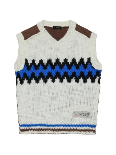 N°21 Kids' Intarsia-knit V-neck Top In White