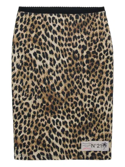 N°21 Kids' Animal-print Logo Midi Skirt In Brown