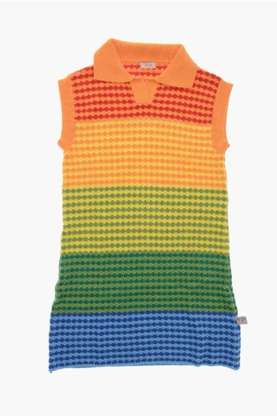 N°21 Knitted Cotton Polo Dress With Rainbow Motif In Multi