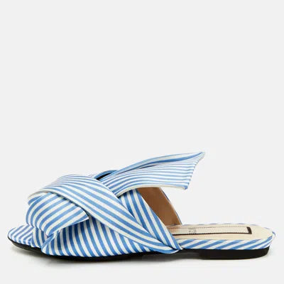 Pre-owned N°21 Knot Size 38 Blue/white Striped Print Satin Flat Mules