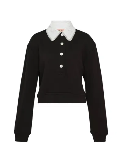 N°21 Lace-collar Button-up Sweatshirt In Black