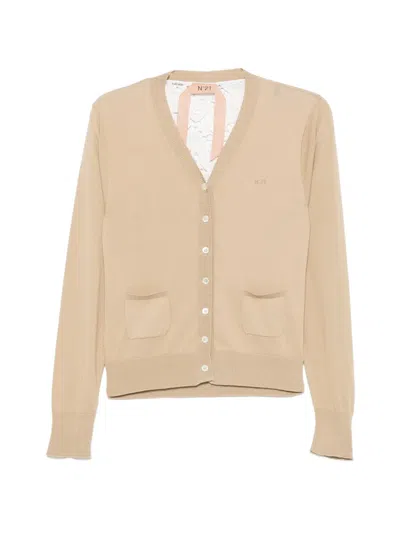 N°21 Lace-panelled V-neck Cardigan In Neutral