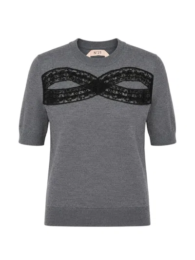 N°21 Lace-trim Crew-neck T-shirt In Gray