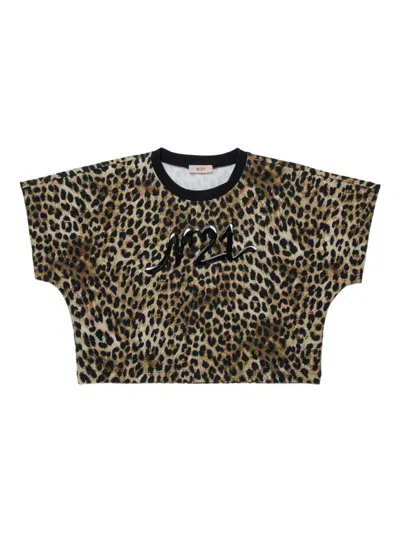 N°21 Kids' Leopard-print Logo T-shirt In Brown