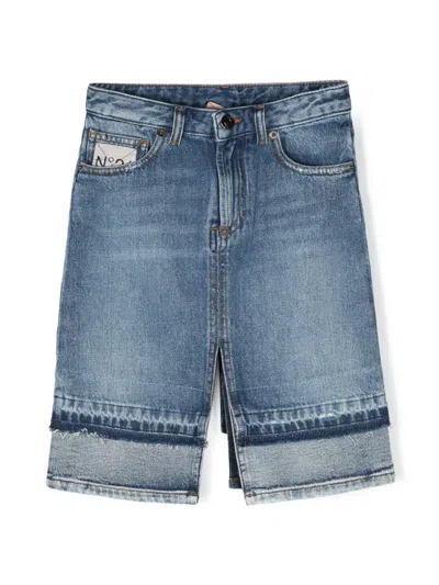 N°21 Kids' Logo-embroidered Slit Skirt In Denim
