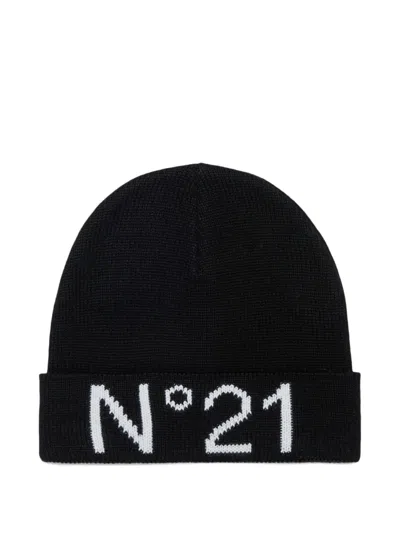 N°21 Kids' Logo-intarsia Beanie Hat In Black