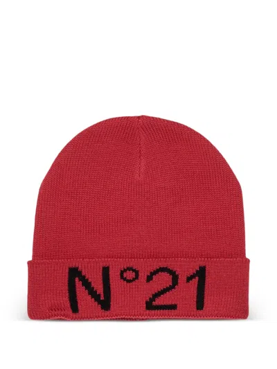 N°21 Kids' Logo-intarsia Beanie Hat In Red