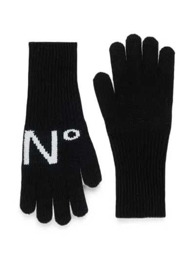 N°21 Kids' Logo-intarsia Knitted Gloves In Black