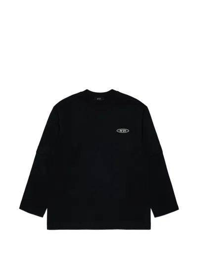 N°21 Kids' Logo-patch Layered-sleeve T-shirt In Black
