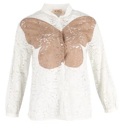 N°21 N 21 Butterfly Lace Detail Button-down Long Sleeve Shirt In White Cotton