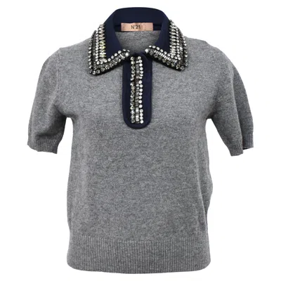 N°21 N 21 Crystal Embellished Polo Sweater In Grey Wool In Gray