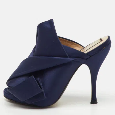 N°21 Navy Blue Satin Crystal Embellishment Raso Knot Mules