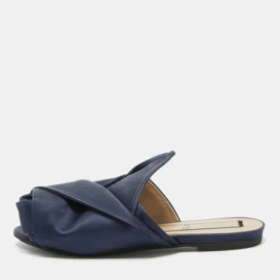 Pre-owned N°21 Navy Blue Satin Knot Flat Mules Size 38.5